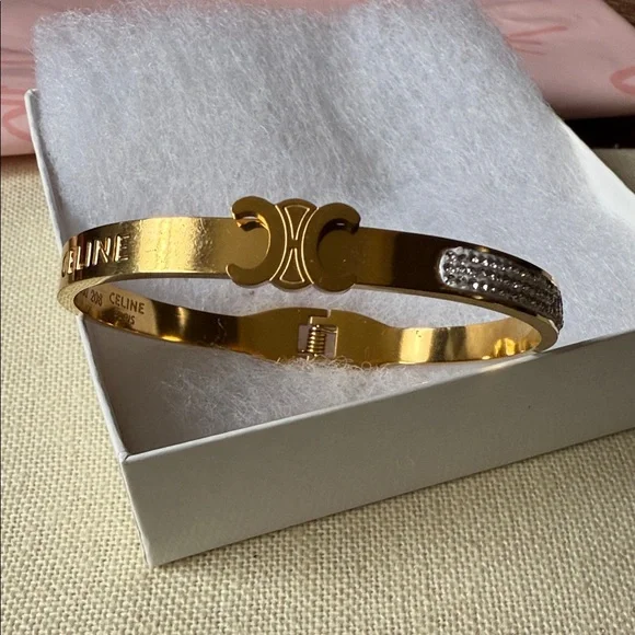 Fashion Bangle Bracelet Gold Bracelet with Silver Crystal Detail - Picture 3 of 10